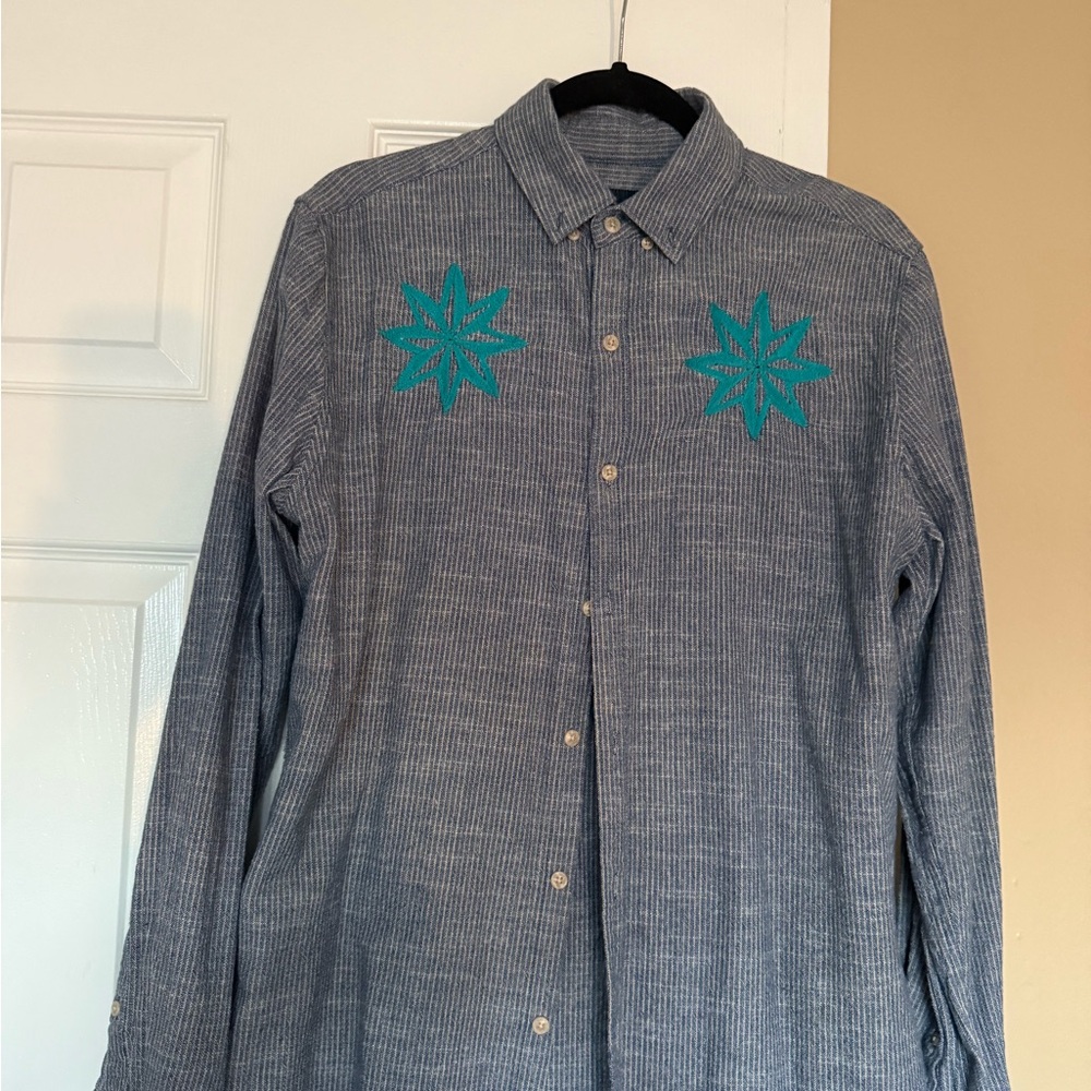 Men's Blue Striped Shirt with Embroidered Accents